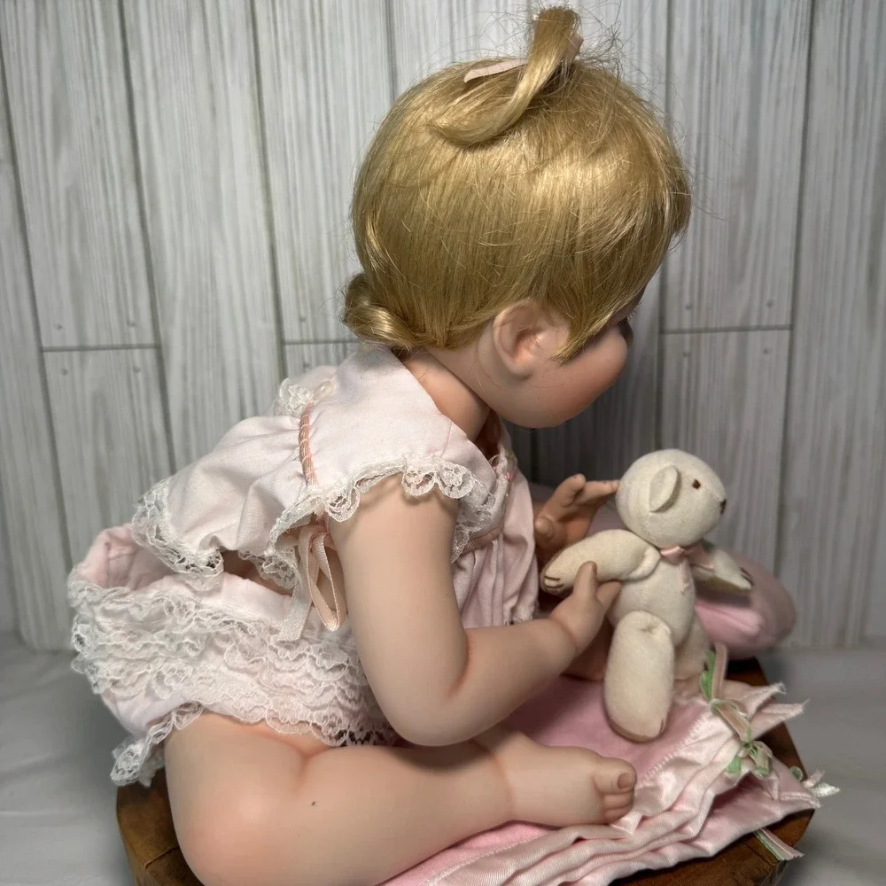 Vintage Ashton Drake 1993 Porcelain Baby Doll Pink Lace Outfit Teddy Bear